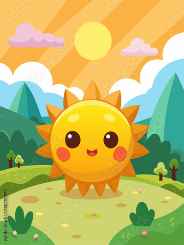 A cute sun shines brightly in a serene landscape of rolling hills and fluffy clouds.