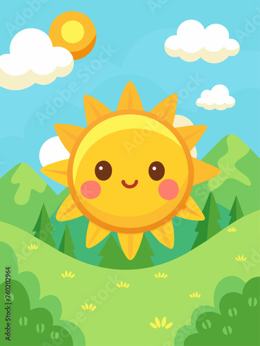 Adorable sun and fluffy clouds adorn a charming landscape  evoking a sense of joy and tranquility.