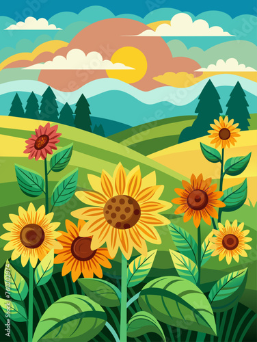 Tranquil vector landscape background featuring a vibrant field of golden sunflowers under a clear blue sky.