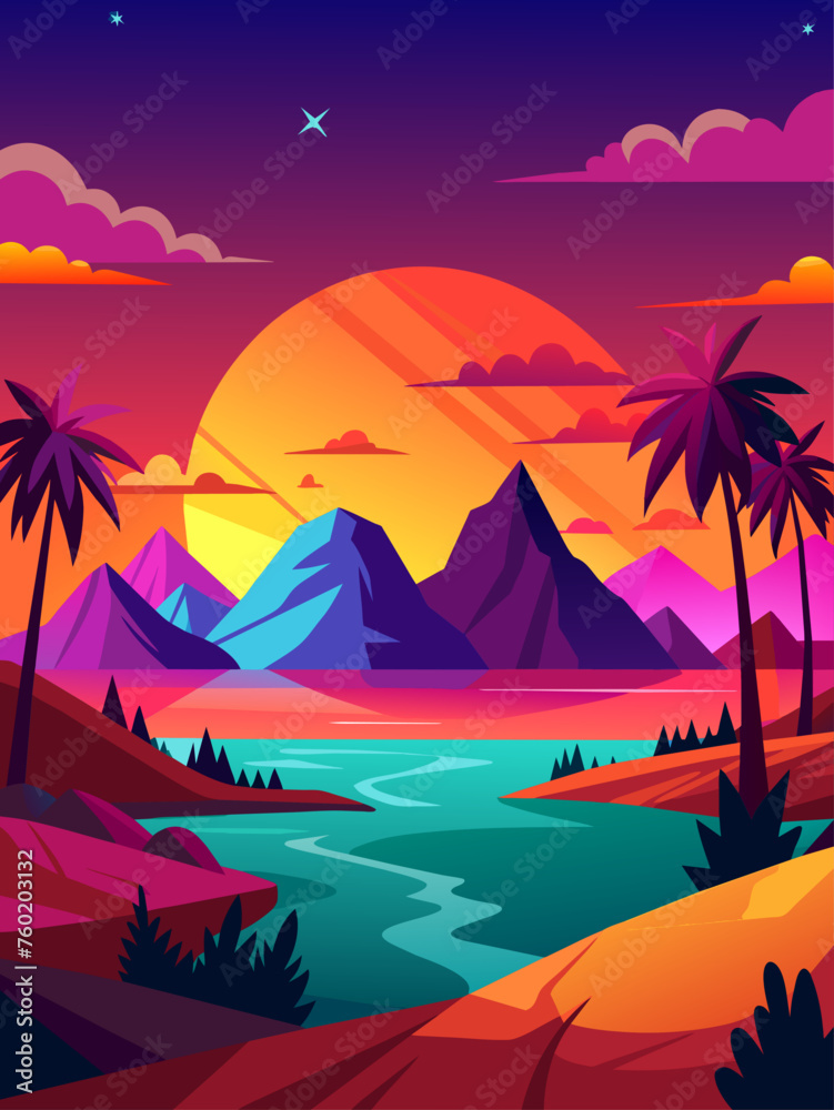 Sunset casts warm hues across a sprawling landscape, creating a picturesque panorama.