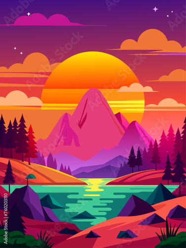 Serene sunset hues paint a breathtaking sky, casting an ethereal glow on the tranquil landscape below.