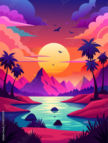 Serene sunset hues paint a breathtaking sky, casting an ethereal glow on the tranquil landscape below.