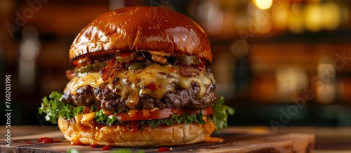 A Angus cheeseburger with a smashed style sitting on a wooden board.