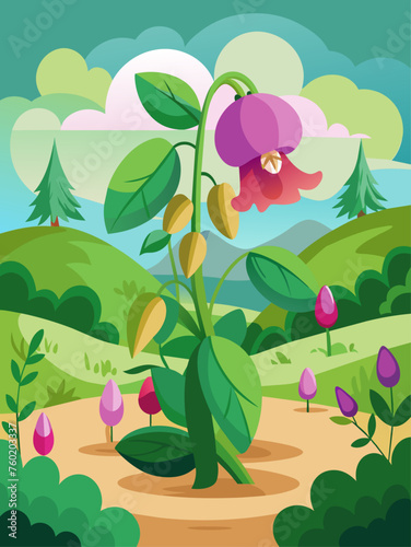 Enjoy the breathtaking scenery of a blooming sweet pea field with this charming vector landscape background.