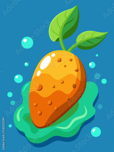 A sweet potato sits on a bed of water droplets, its vibrant orange hue contrasting with the clear liquid.