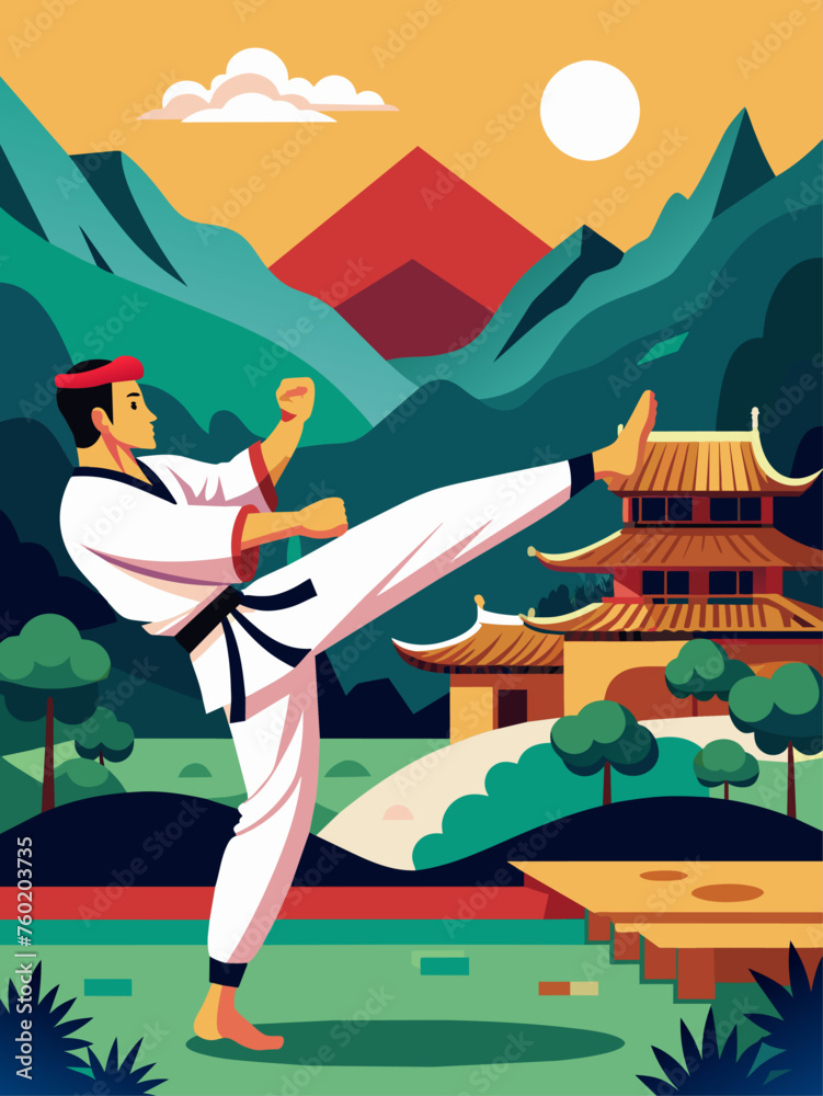 Obraz premium Taekwondo athletes display their martial arts skills in a scenic landscape.