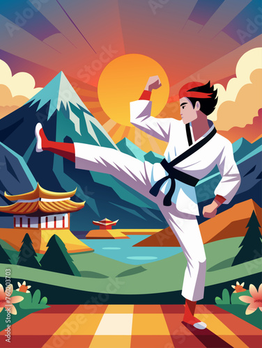 A landscape background featuring a taekwondo athlete in a dynamic pose.