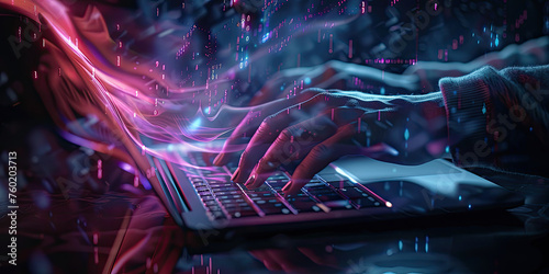 Closeup of hands typing on a keyboard with digital technology hologram screen, software development concept. Coding programmer, software engineer photo