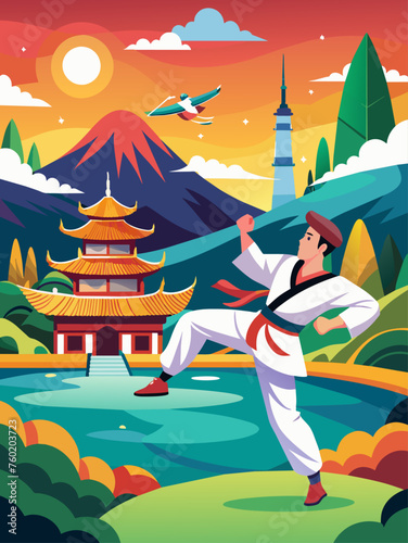 A landscape background featuring a taekwondo athlete in a dynamic pose.