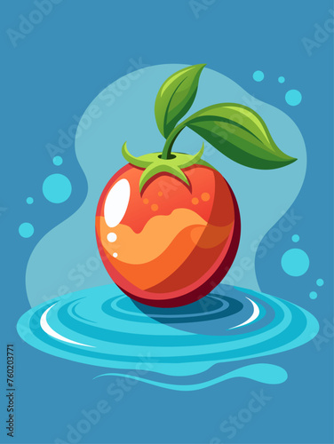 Tamarillo fruit floats in clear water, its bright red skin and yellow flesh contrasting against the transparent liquid.