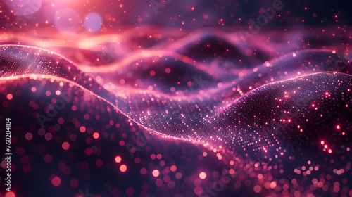 3D landscape and big data visualization. A network of dots connected by lines creates an abstract digital background. Purple color scheme. Suitable for high-tech backgrounds © horizor