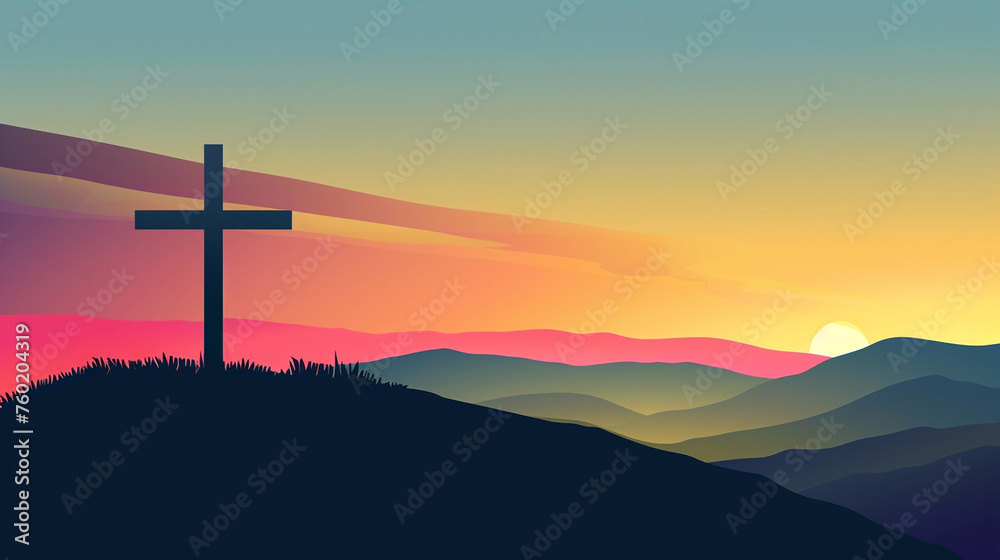 Cross on the hill with sunset. illustration of a Christian cross.
