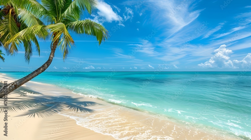 Idyllic Tropical Beach Escape Palm Trees, Turquoise Water, and Golden Sand under a Clear Blue Sky