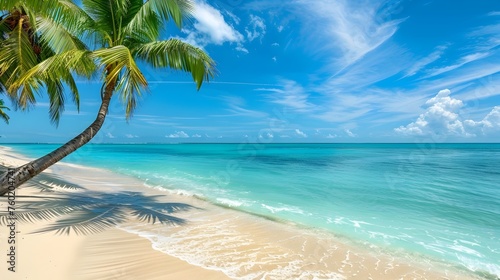 Idyllic Tropical Beach Escape Palm Trees, Turquoise Water, and Golden Sand under a Clear Blue Sky © vanilnilnilla