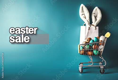 Easter sale wallpaper with copy space.eco shopping bag with eggs and bunny ears in shopping cart photo