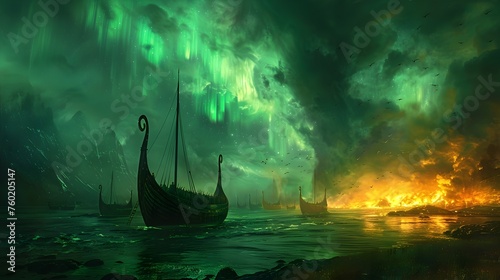 Viking Funeral Ships Ablaze Under Northern Lights in Stylized Fantasy Landscape photo