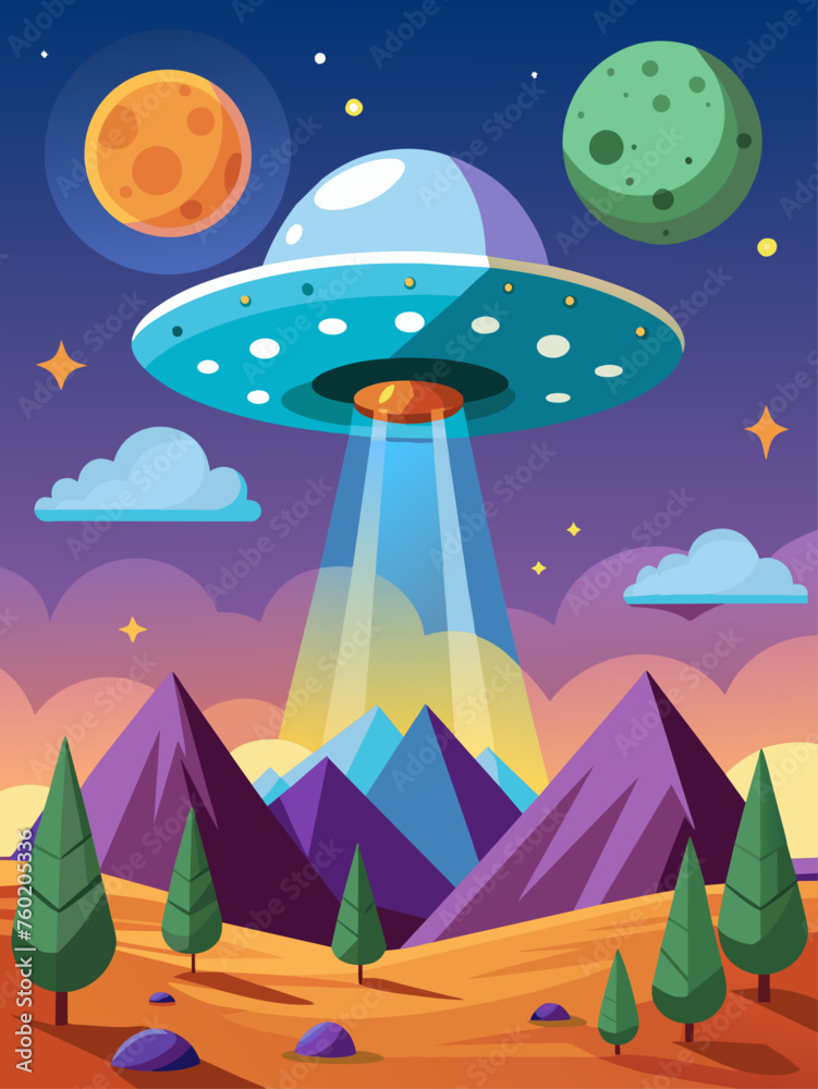 A UFO hovers over a desolate landscape, casting an eerie glow on the surroundings. A UFO hovers over a desolate landscape, casting an eerie glow on the surroundings.