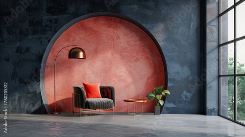 minimalist interior design, dark blue and pink wall with an arched shape in the middle of it, modern armchair on one side, coffee table on another, lamp over them, low angle shot, minimalistic, elegan