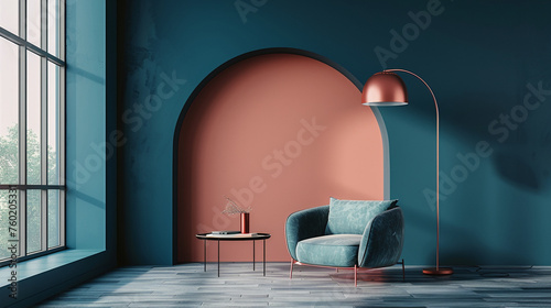 minimalist interior design, dark blue and pink wall with an arched shape in the middle of it, modern armchair on one side, coffee table on another, lamp over them, low angle shot, minimalistic, elegan