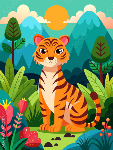 A cute tiger stands amidst a lush green landscape, its playful expression contrasting with the serene surroundings.