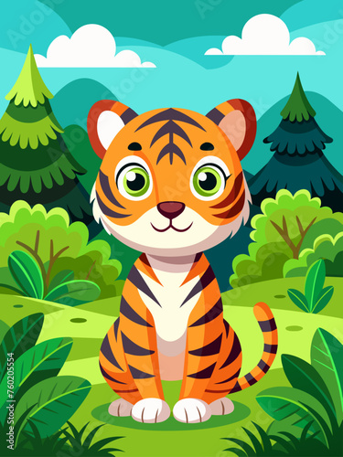 A cute tiger cub frolics in a lush green landscape.