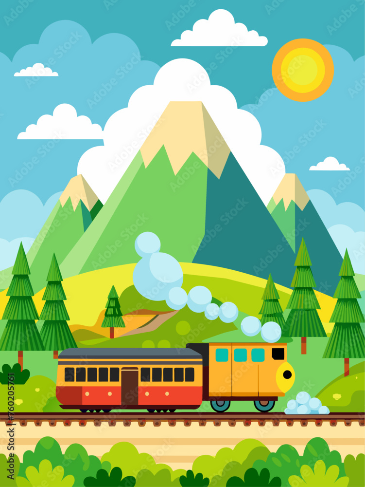 Fototapeta premium Train vector landscape background with mountains, trees, and a blue sky.
