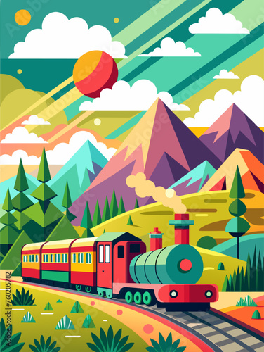 Train vector landscape background with mountains, trees, and a blue sky.