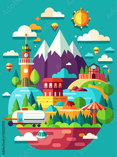 Traveling vector landscape background featuring rolling hills, a setting sun, and a starry night sky.