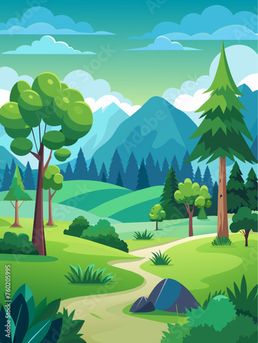 Trees vector landscape background depicting a serene and picturesque natural setting.