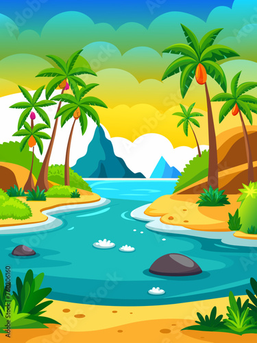 Tranquil tropical waters and vibrant foliage create a serene landscape in this vector illustration.
