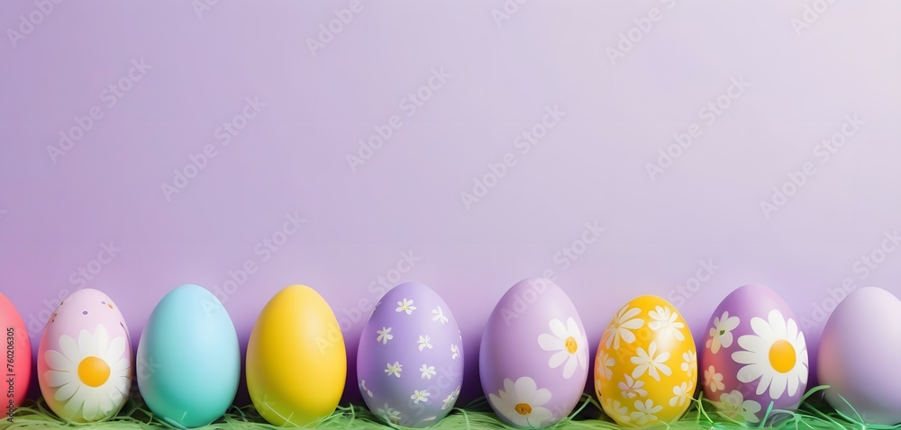 Painted eggs in a row with grass on a purple background with copy space Painted eggs in a row with grass on a purple background with copy space
