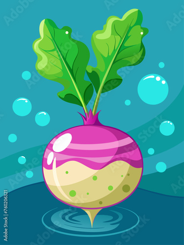 Freshly harvested turnips rest in a crystal-clear pool of water, their smooth skin and vibrant greens reflecting the light.