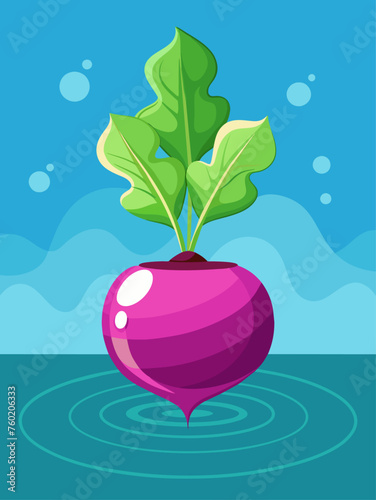 Freshly harvested turnips rest in a crystal-clear pool of water, their smooth skin and vibrant greens reflecting the light.