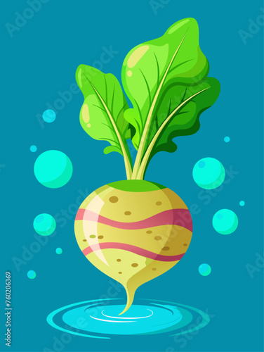 Freshly harvested turnips rest in a crystal-clear pool of water, their smooth skin and vibrant greens reflecting the light.