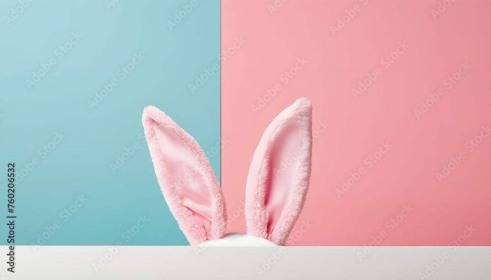 Pink fluffy bunny ears on a Easter colorful background Pink fluffy bunny ears on a Easter colorful background