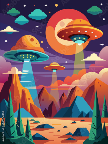 UFOs soar majestically above a serene landscape.