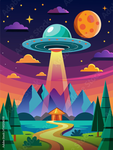 A UFO hovers over a tranquil landscape, casting an ethereal glow upon the rolling hills and vibrant greenery below.