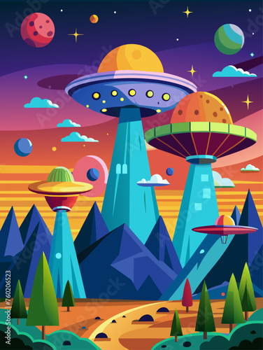 UFOs soar majestically above a serene landscape.