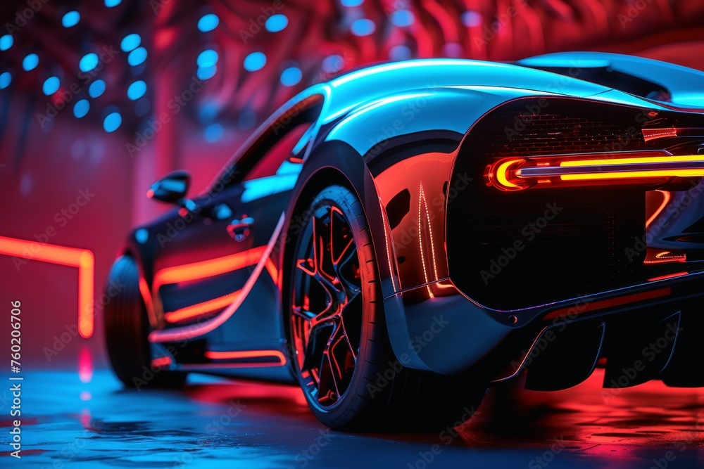 A high end sports car gleaming under studio lights.