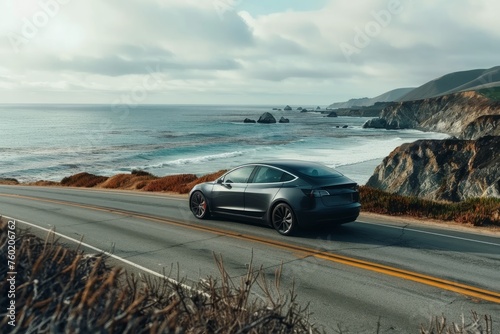 A sleek electric car driving on a scenic coastal road emphasizing eco-friendly transportation.
