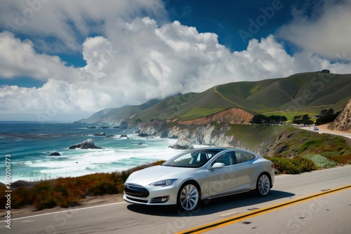 A sleek electric car driving on a scenic coastal road emphasizing eco-friendly transportation.