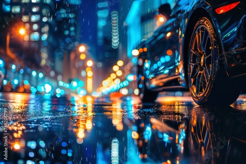 An expensive car parked on a wet city street at night with the city lights reflected.
