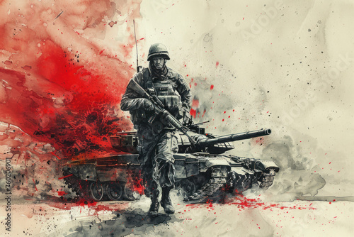 Soldier running near a battle tank, red splash watercolor
