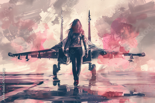 Air Force woman walking in fighter jet, pink splash watercolor