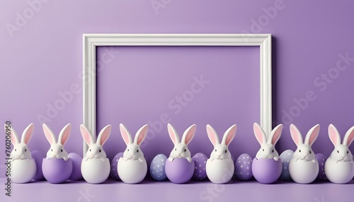 Small purple eggs with bunnies inside in front of a frame on a purple background photo