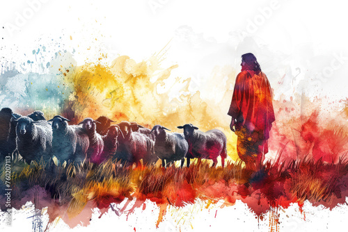 Colorful splash watercolor painting of Jesus Christ grazing sheep photo