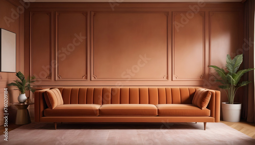 Terracotta velvet sofa near wooden panels