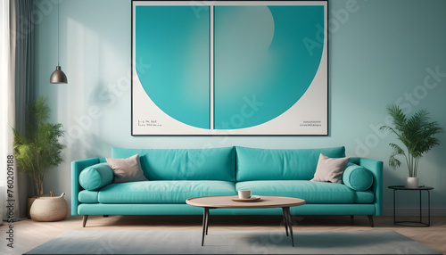 turquoise sofa and big posters interior design