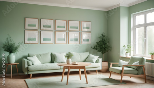 Sofa and chairs near a wooden table against the window