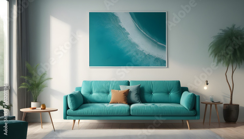 turquoise sofa and big posters interior design